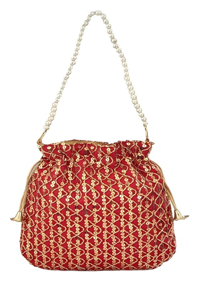 داتشيس حقيبة يد نسائية من دوقة، مزينة بالترتر الأحمر ومقبض من اللؤلؤ (عبوة من 10 قطع) - Image 5